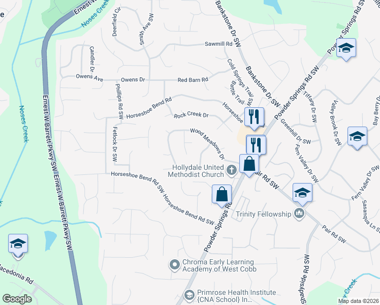 map of restaurants, bars, coffee shops, grocery stores, and more near 2426 Justin Drive Southwest in Marietta