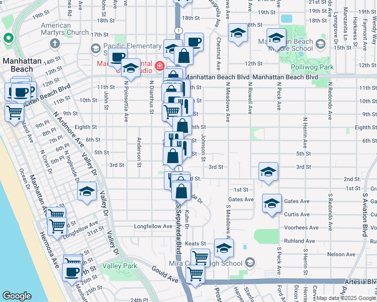 map of restaurants, bars, coffee shops, grocery stores, and more near 1127 5th Street in Manhattan Beach