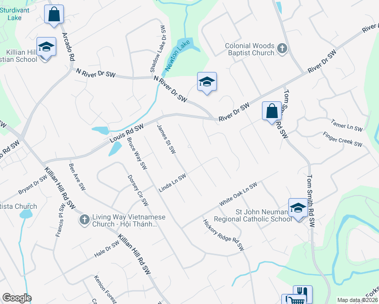 map of restaurants, bars, coffee shops, grocery stores, and more near 471 Johannah Place Southwest in Lilburn