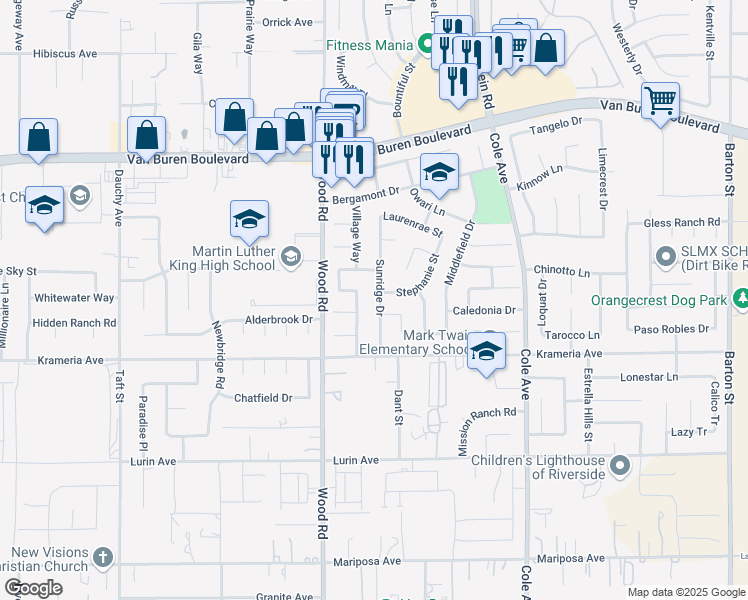 map of restaurants, bars, coffee shops, grocery stores, and more near 9253 Sunridge Drive in Riverside