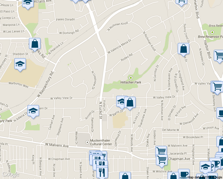 map of restaurants, bars, coffee shops, grocery stores, and more near 1015 Westridge Knoll in Fullerton