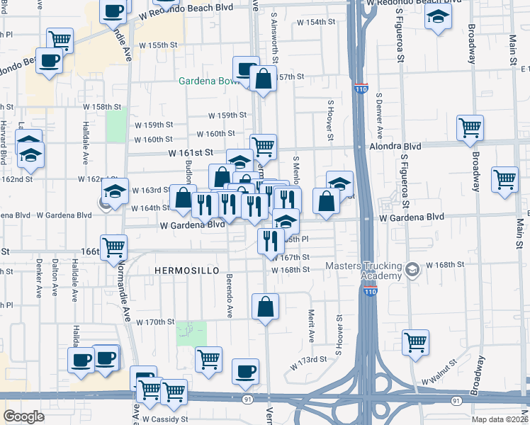 map of restaurants, bars, coffee shops, grocery stores, and more near 16414 South Vermont Avenue in Gardena