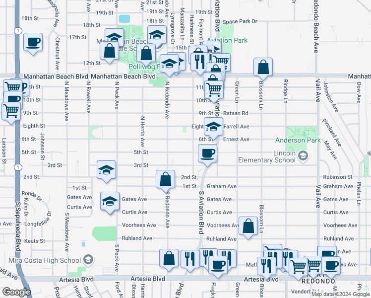 map of restaurants, bars, coffee shops, grocery stores, and more near 1747 5th Street in Manhattan Beach