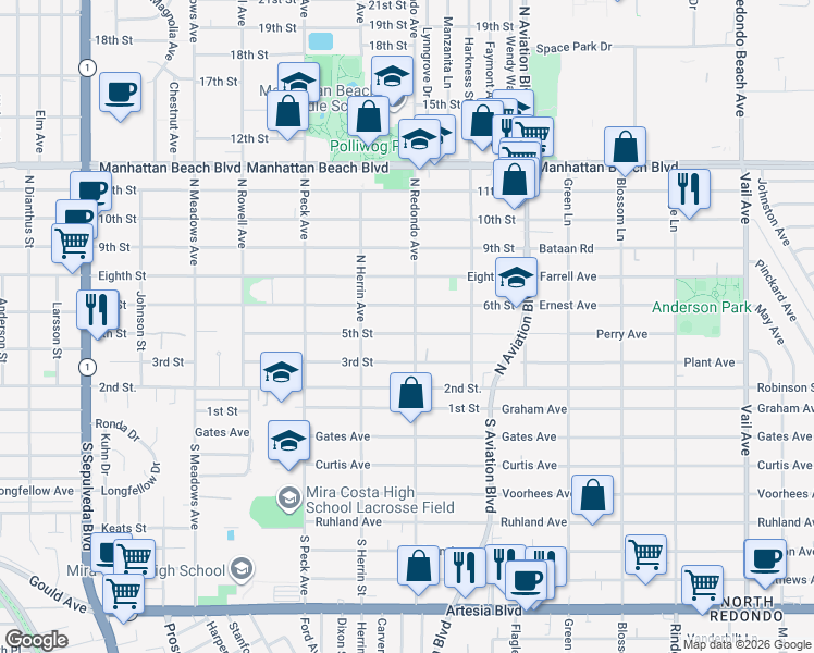 map of restaurants, bars, coffee shops, grocery stores, and more near 525 North Redondo Avenue in Manhattan Beach