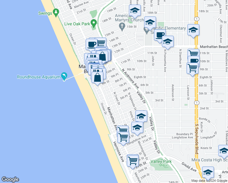 map of restaurants, bars, coffee shops, grocery stores, and more near 7th Street in Manhattan Beach