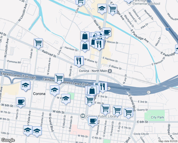 map of restaurants, bars, coffee shops, grocery stores, and more near 190 Depot Drive in Corona