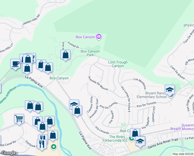 map of restaurants, bars, coffee shops, grocery stores, and more near 24370 La Homa in Yorba Linda