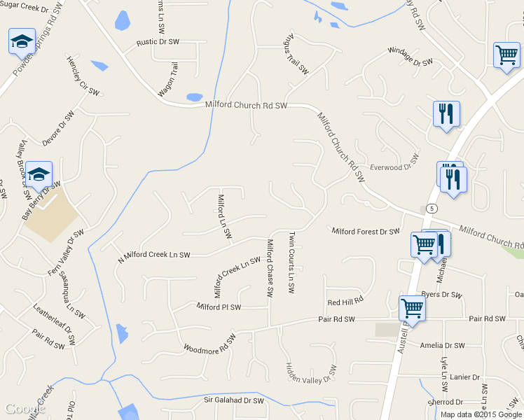 map of restaurants, bars, coffee shops, grocery stores, and more near 1631 Milford Creek Overlook SW in Marietta