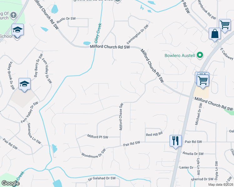 map of restaurants, bars, coffee shops, grocery stores, and more near 1631 Milford Creek Overlook Southwest in Marietta