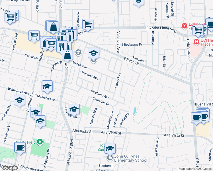 map of restaurants, bars, coffee shops, grocery stores, and more near 1202 Hacienda Street in Placentia