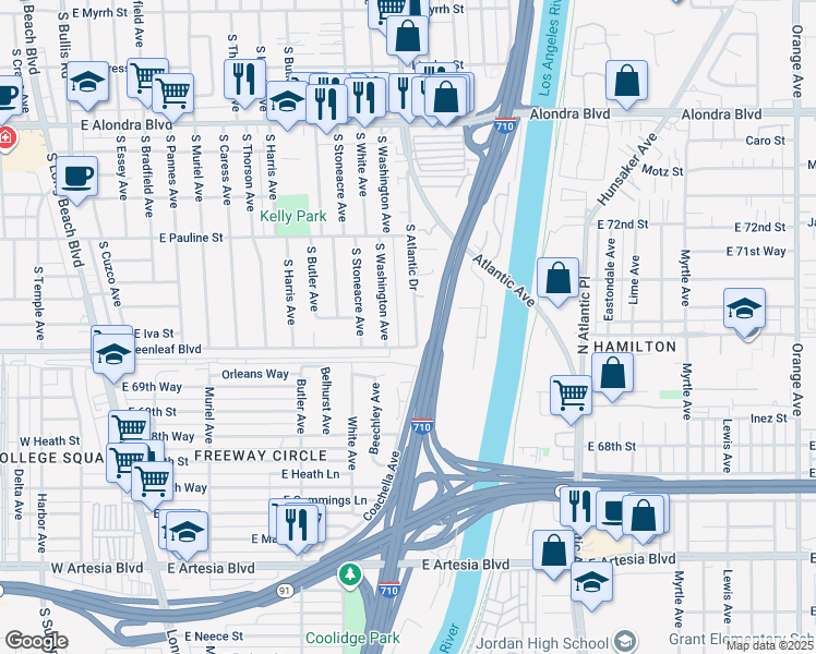 map of restaurants, bars, coffee shops, grocery stores, and more near 1607 South Atlantic Drive in Compton