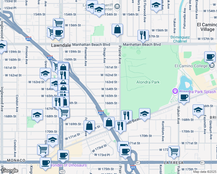 map of restaurants, bars, coffee shops, grocery stores, and more near 4049 West 164th Street in Lawndale