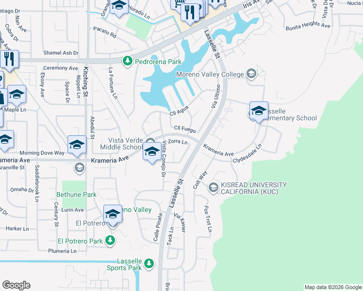 map of restaurants, bars, coffee shops, grocery stores, and more near 26015 Zorra Lane in Moreno Valley