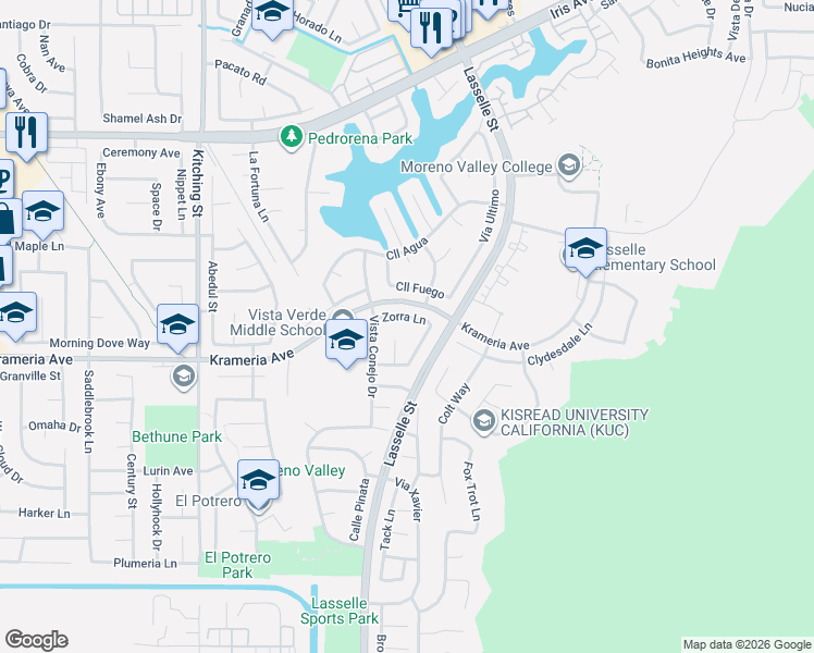 map of restaurants, bars, coffee shops, grocery stores, and more near 16435 Zarco Luna Place in Moreno Valley