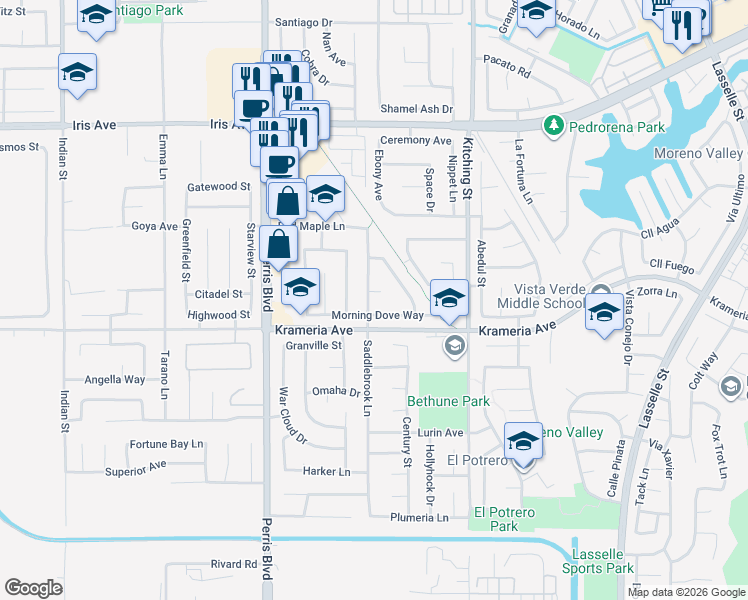 map of restaurants, bars, coffee shops, grocery stores, and more near 16449 Saddlebrook Lane in Moreno Valley