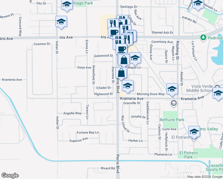 map of restaurants, bars, coffee shops, grocery stores, and more near 16412 Starview Street in Moreno Valley