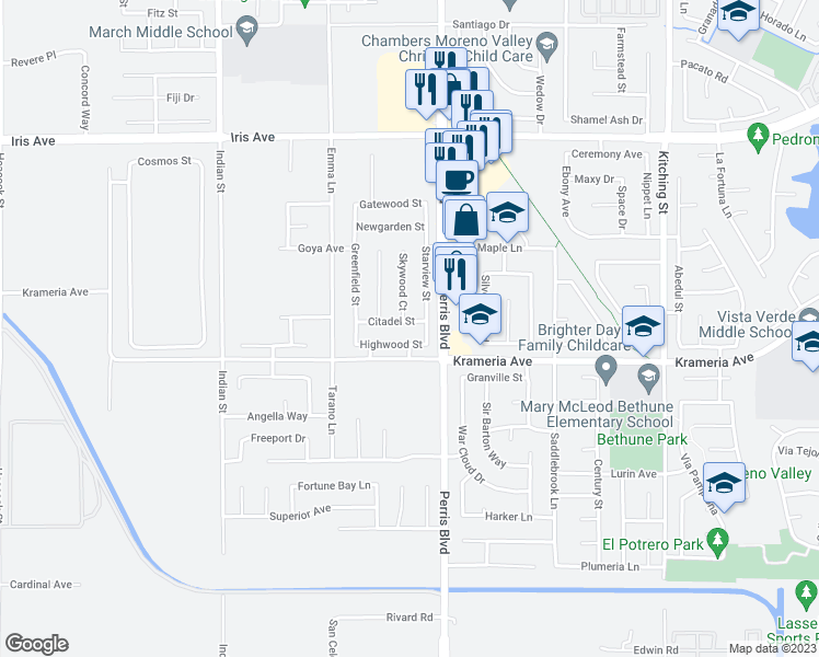 map of restaurants, bars, coffee shops, grocery stores, and more near 24869 Citadel Street in Moreno Valley