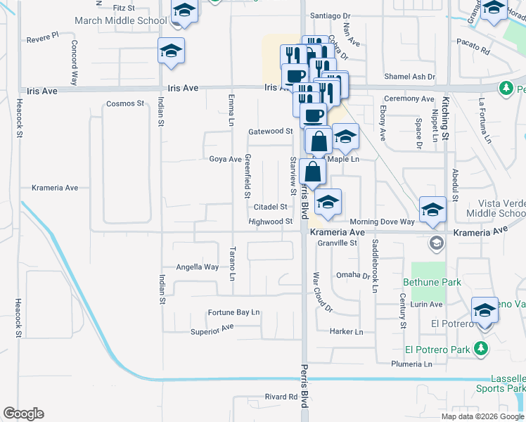 map of restaurants, bars, coffee shops, grocery stores, and more near 24869 Citadel Street in Moreno Valley