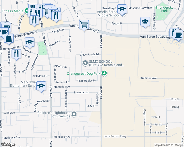 map of restaurants, bars, coffee shops, grocery stores, and more near 9297 San Rafael Archangel Lane in Riverside