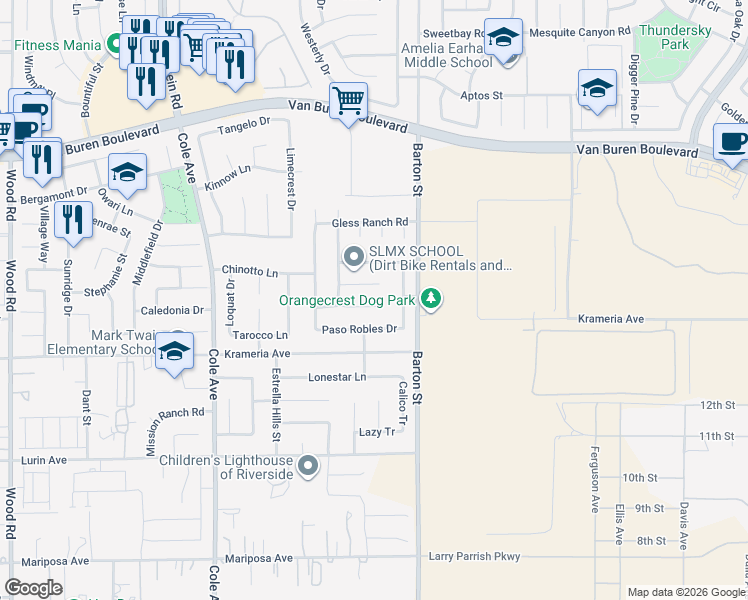 map of restaurants, bars, coffee shops, grocery stores, and more near 19836 Santa Clara Court in Riverside