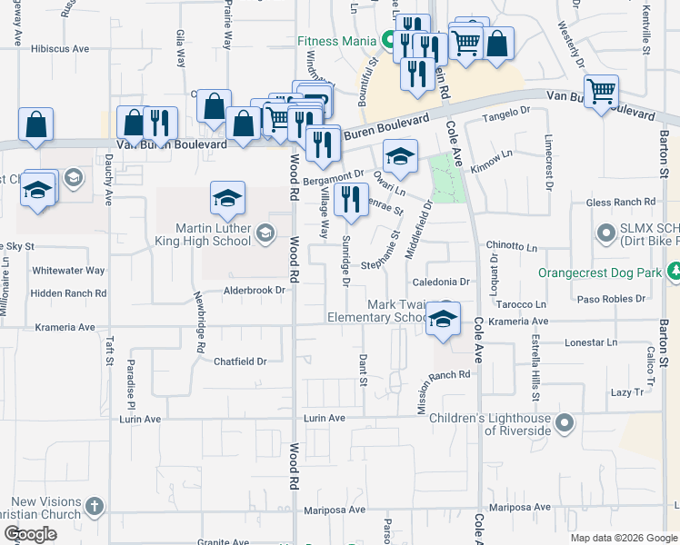 map of restaurants, bars, coffee shops, grocery stores, and more near 9290 Stephanie Street in Riverside