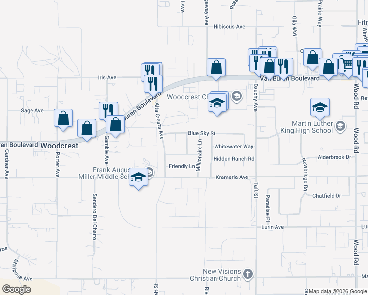 map of restaurants, bars, coffee shops, grocery stores, and more near 18142 Homeland Lane in Riverside