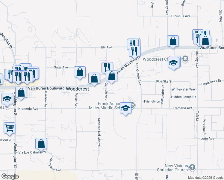 map of restaurants, bars, coffee shops, grocery stores, and more near 16356 Gamble Avenue in Riverside