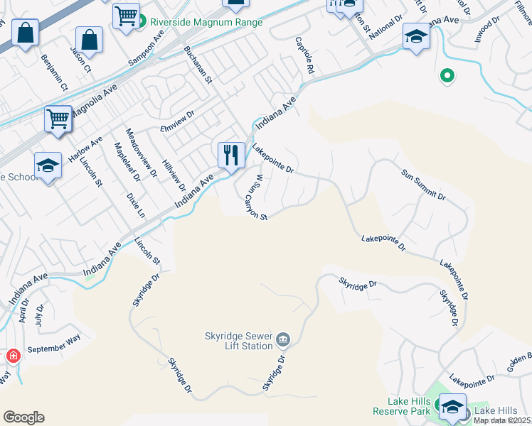 map of restaurants, bars, coffee shops, grocery stores, and more near 16374 West Sun Canyon Street in Riverside