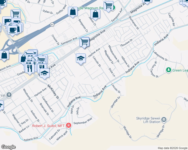 map of restaurants, bars, coffee shops, grocery stores, and more near 12763 Camino San Benito Drive in Riverside