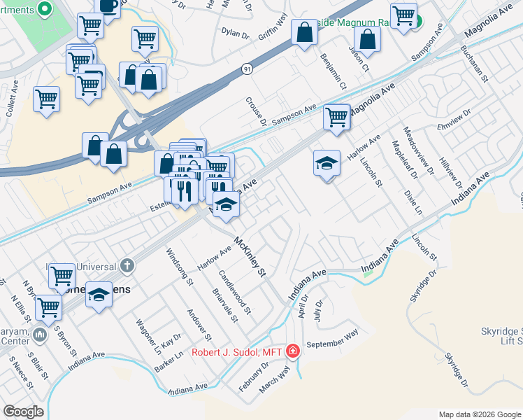 map of restaurants, bars, coffee shops, grocery stores, and more near 3707 Calle Curacso in Riverside