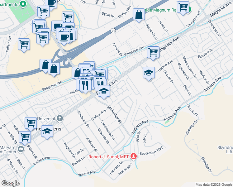 map of restaurants, bars, coffee shops, grocery stores, and more near 13026 Vía Salvia in Riverside