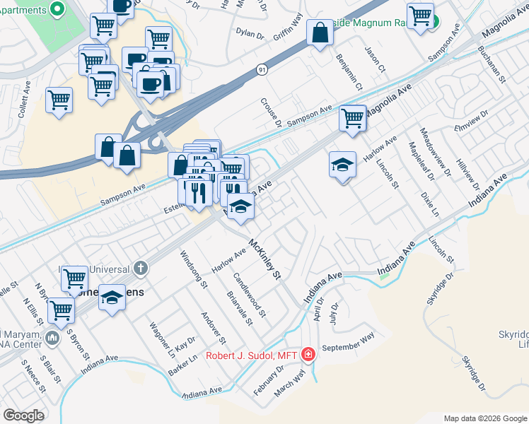 map of restaurants, bars, coffee shops, grocery stores, and more near 13026 Vía Salvia in Riverside