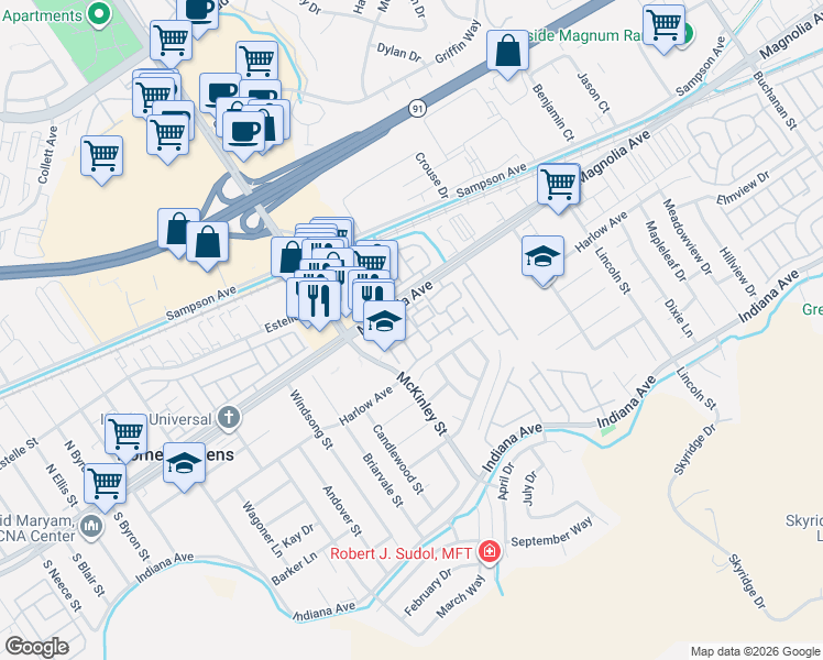 map of restaurants, bars, coffee shops, grocery stores, and more near 13026 Vía Salvia in Riverside