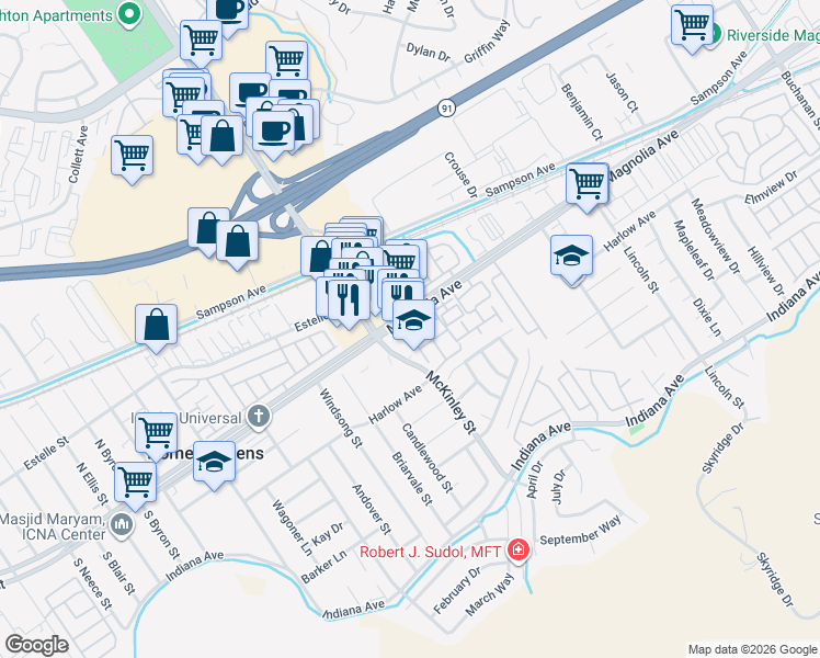 map of restaurants, bars, coffee shops, grocery stores, and more near 3777 Avenida Barbados in Riverside