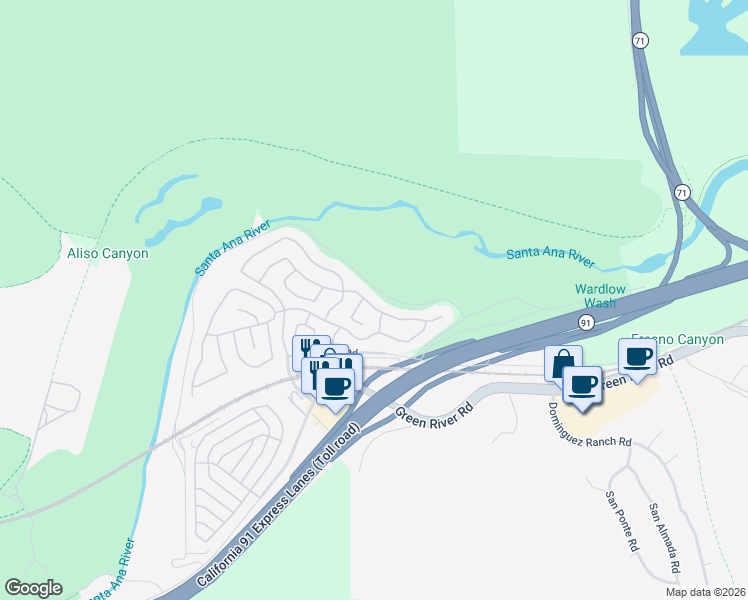 map of restaurants, bars, coffee shops, grocery stores, and more near 11416 Alder Creek Avenue in Corona
