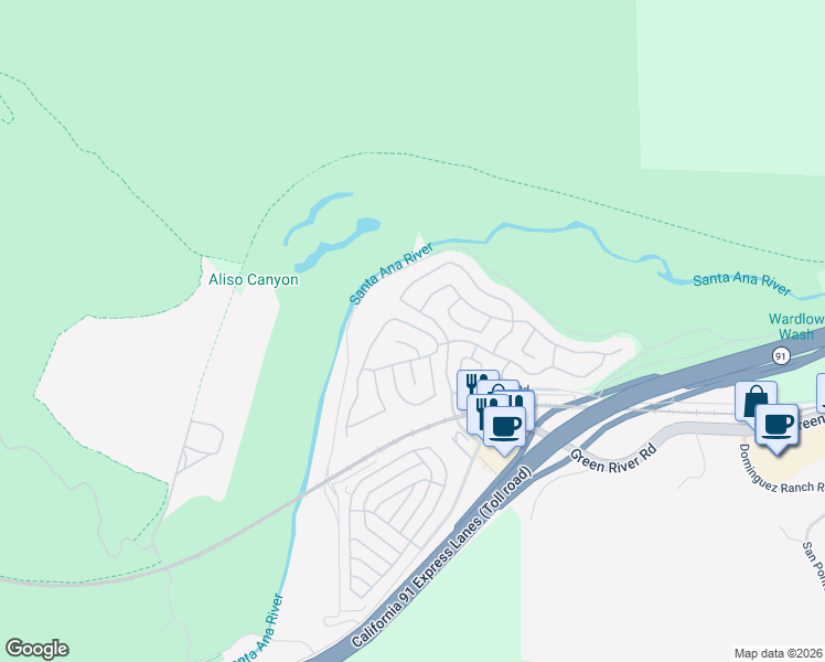 map of restaurants, bars, coffee shops, grocery stores, and more near 11540 Chadwick Road in Corona