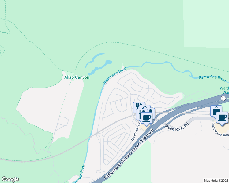map of restaurants, bars, coffee shops, grocery stores, and more near 11610 Chadwick Road in Corona