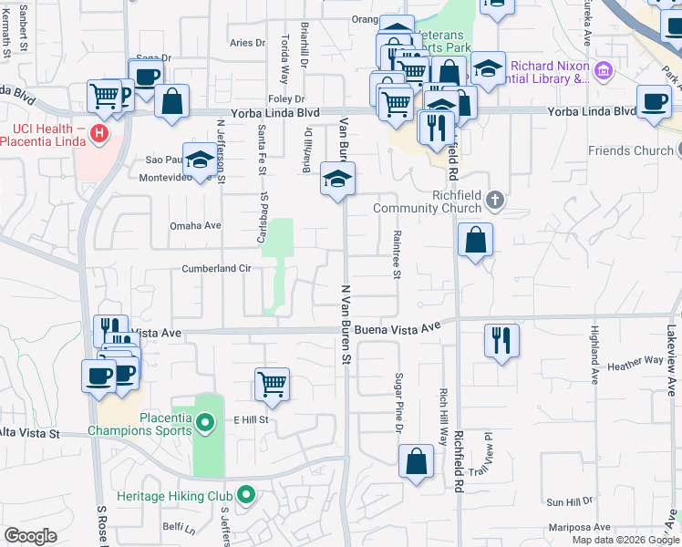map of restaurants, bars, coffee shops, grocery stores, and more near 17331 Coventry Lane in Yorba Linda