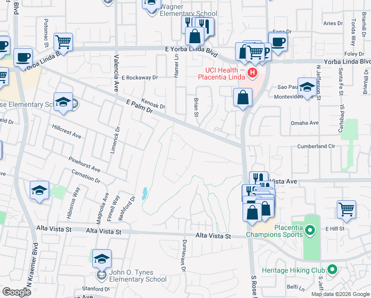 map of restaurants, bars, coffee shops, grocery stores, and more near 1276 Dunham Lane in Placentia