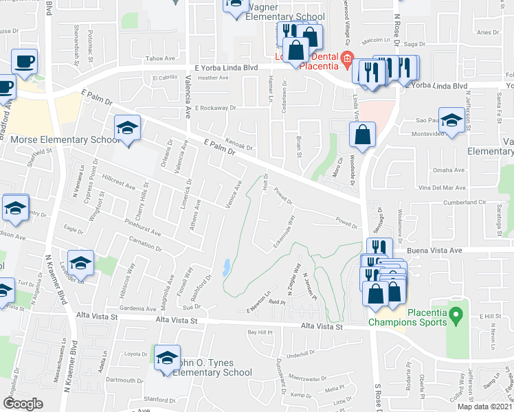 map of restaurants, bars, coffee shops, grocery stores, and more near 1125 Holt Drive in Placentia