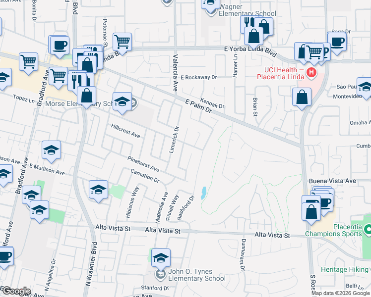 map of restaurants, bars, coffee shops, grocery stores, and more near 714 Morse Avenue in Placentia