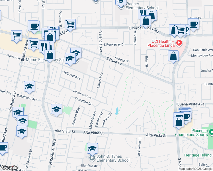 map of restaurants, bars, coffee shops, grocery stores, and more near 1232 Athens Avenue in Placentia