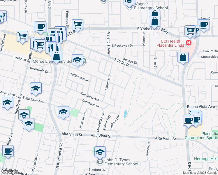 map of restaurants, bars, coffee shops, grocery stores, and more near 1214 Limerick Drive in Placentia