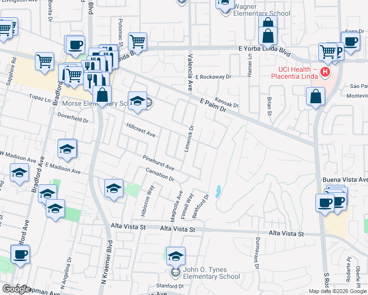 map of restaurants, bars, coffee shops, grocery stores, and more near 1214 Limerick Drive in Placentia