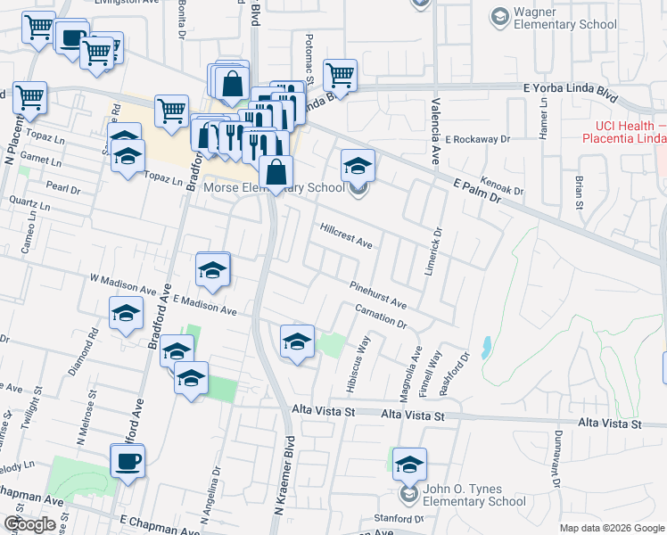 map of restaurants, bars, coffee shops, grocery stores, and more near 1108 Oakmont Street in Placentia