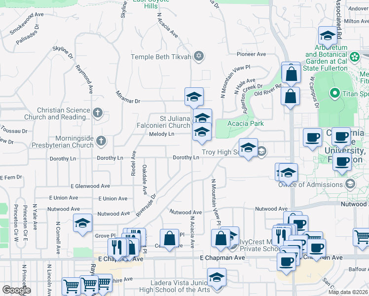 map of restaurants, bars, coffee shops, grocery stores, and more near 1213 North Acacia Avenue in Fullerton