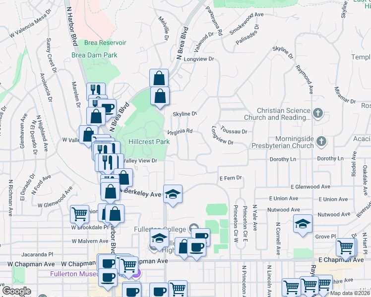 map of restaurants, bars, coffee shops, grocery stores, and more near 1221 Luanne Avenue in Fullerton