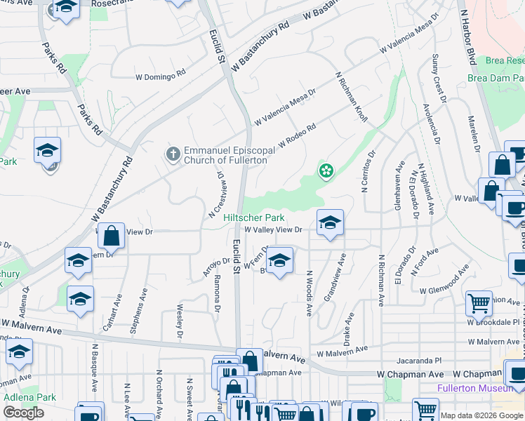 map of restaurants, bars, coffee shops, grocery stores, and more near 1015 Westridge Knoll in Fullerton