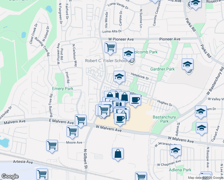 map of restaurants, bars, coffee shops, grocery stores, and more near 1134 Elfstrom Drive in Fullerton