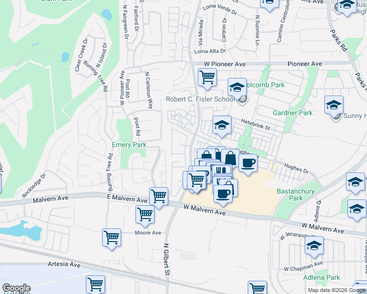 map of restaurants, bars, coffee shops, grocery stores, and more near 1024 Creekside Drive in Fullerton